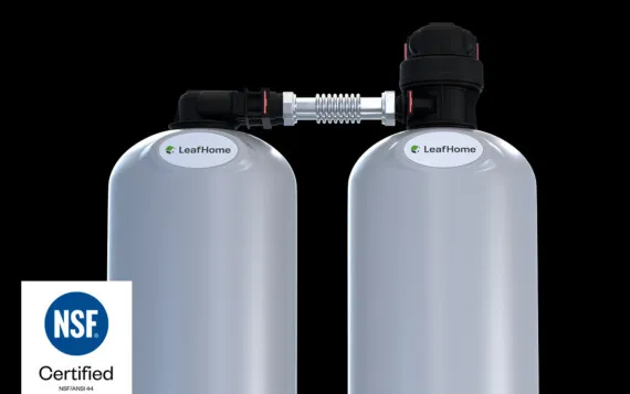 image of a water conditioning system from leaf home. NSF badge in corner