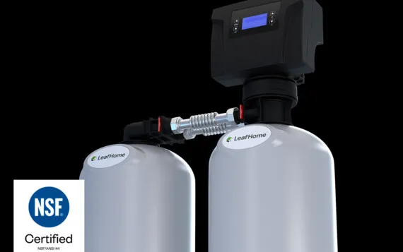 picture of a whole home water filtration system from leaf home. NSF certified badge