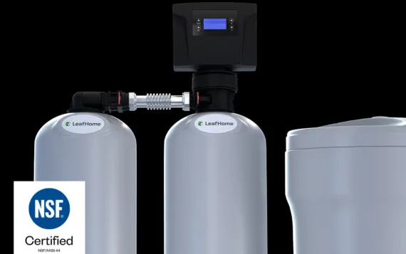 image of a water softening system from leaf home. NSF certified badge