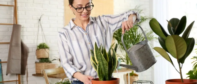 Woman watering indoor plants with a watering can.