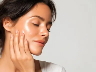 Woman, brunette hair, with eyes closed and glowing skin from better water