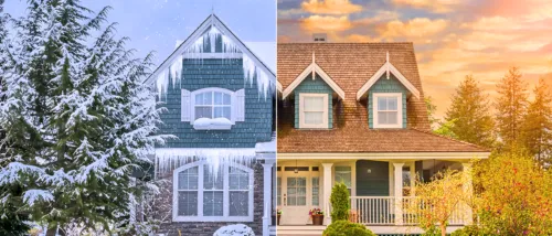 Image of a home in the winter experiencing seasonal conditions like ice dams and a picture of a home in the spring.
