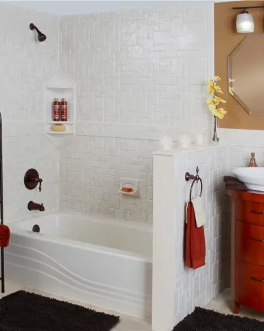 Bathroom with red wood sink and white walls