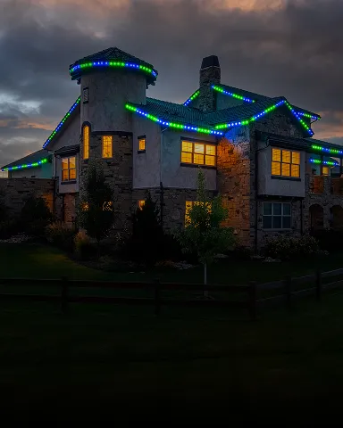 Home with roofline lighting