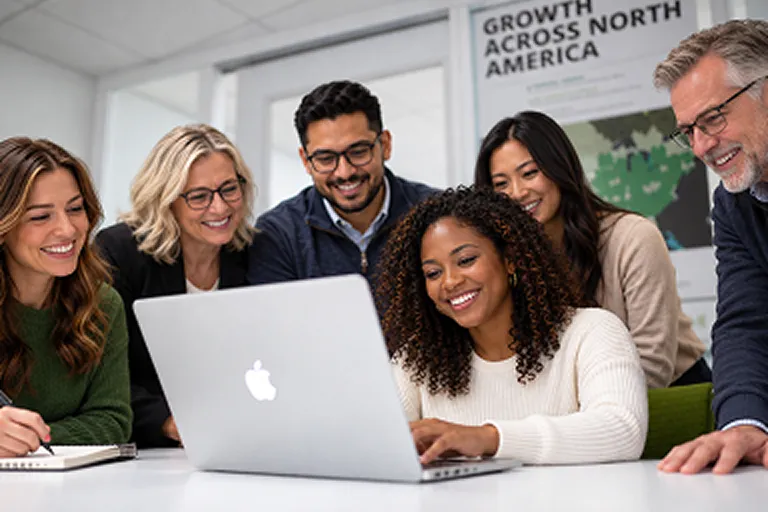 Employees collaborate around a laptop in the office