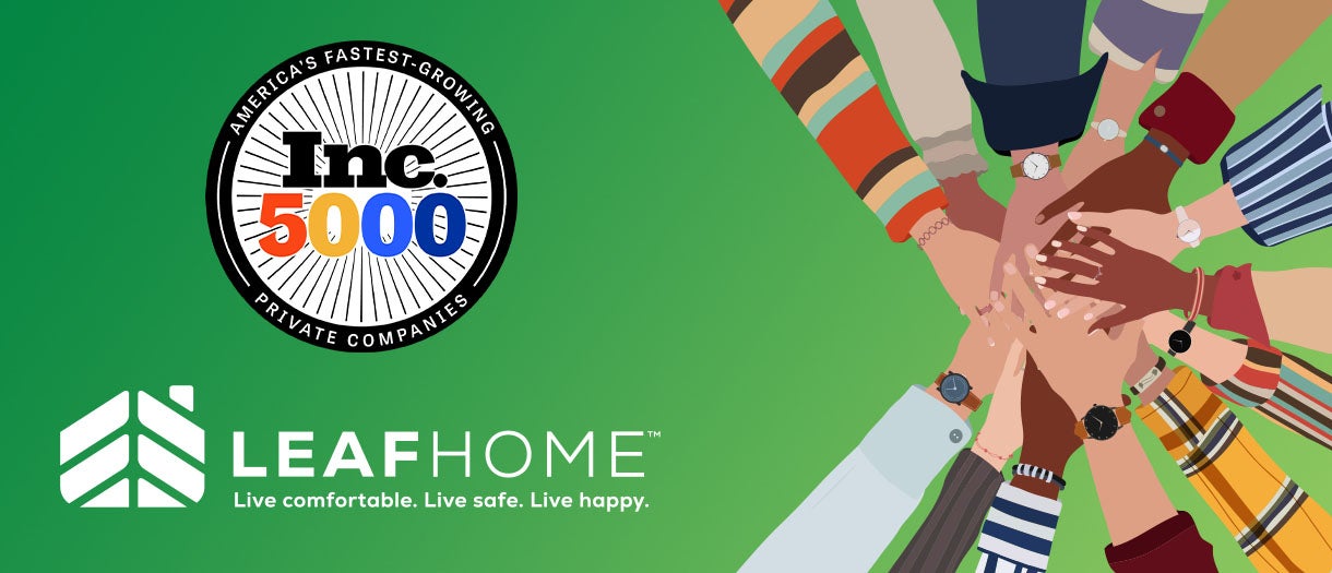Leaf Home and Inc. 5000 logo with hands in a teamwork pose